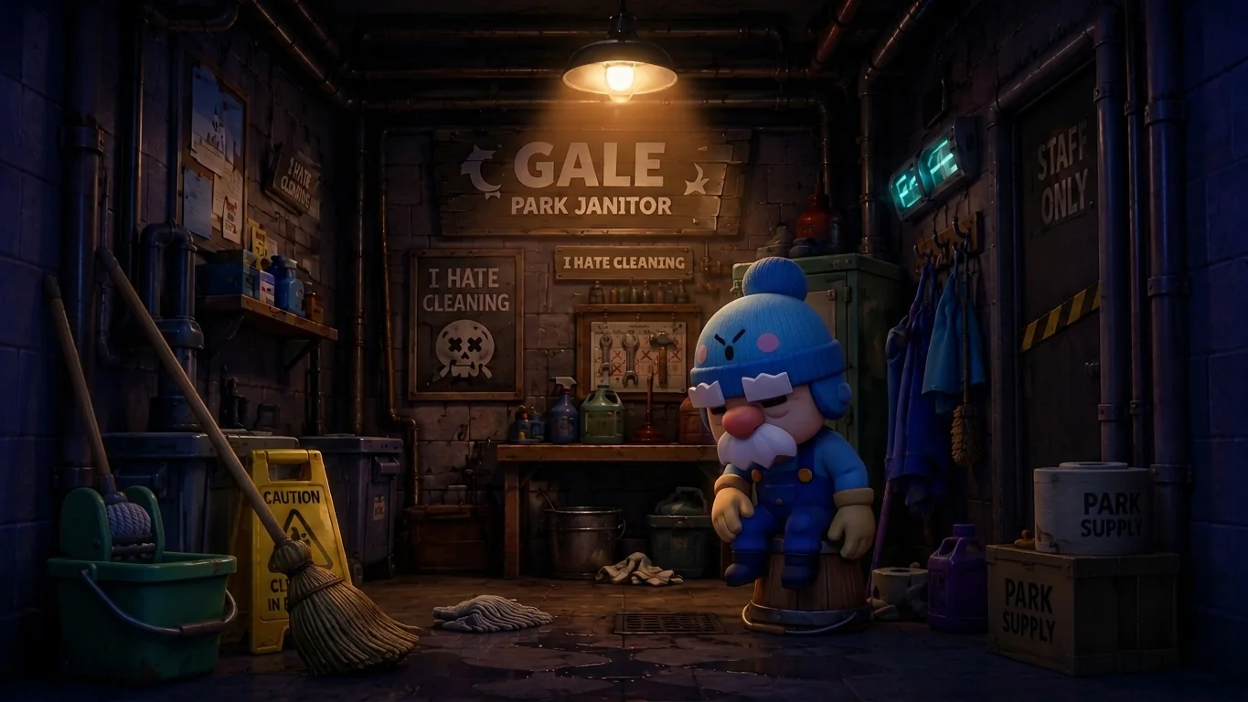 Gale's room — the park janitor's cluttered maintenance den