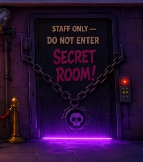 A heavy door in the BrawlHouse wrapped in chains, marked 'Staff Only — Do Not Enter · Secret Room', glowing purple.